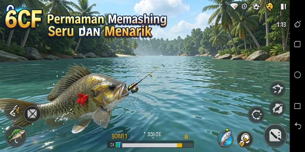 Screenshot gameplay 6CF menampilkan aksi memancing yang mendebarkan.