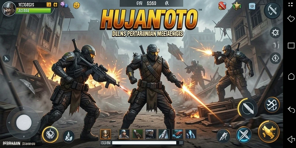 Screenshot gameplay HUJANTOTO menampilkan pertahanan menara yang strategis.