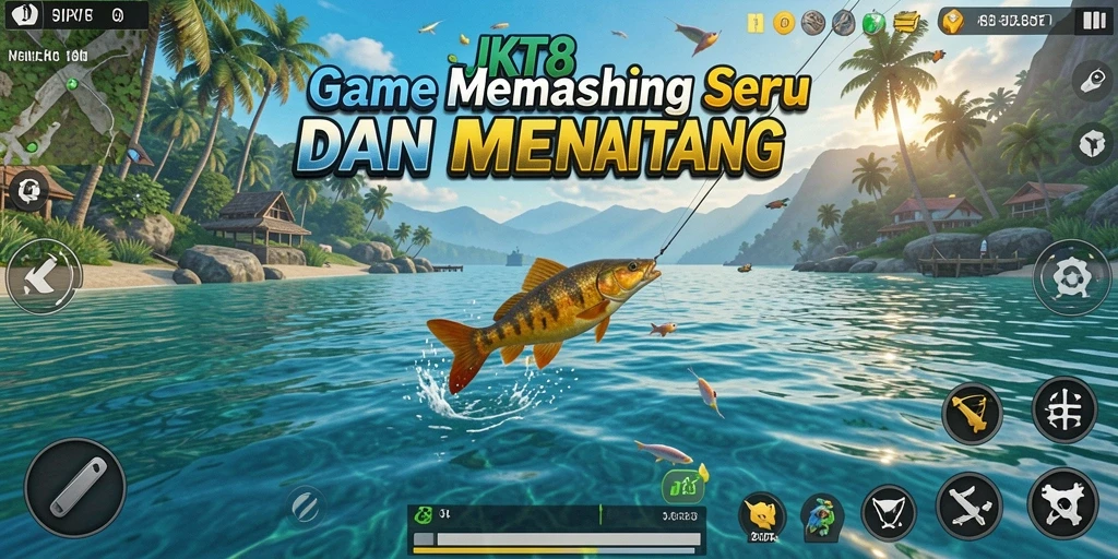 Tampilan gameplay JKT8 yang menampilkan keseruan memancing.