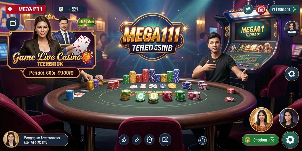 Tangkapan layar gameplay MEGA111 dengan dealer langsung dan suasana kasino.