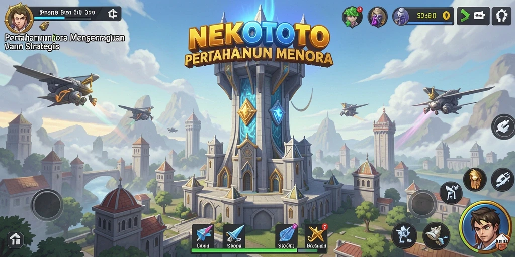 Screenshot NEKOTOTO menunjukkan pertahanan menara yang strategis dengan musuh menyerang.