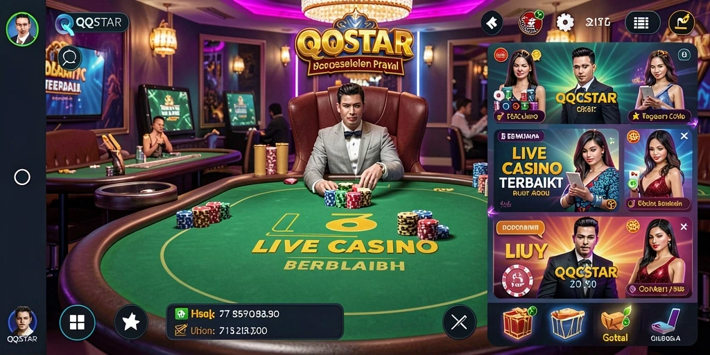 Screenshot QQSTAR menampilkan dealer langsung dan permainan Live Casino yang mendebarkan.
