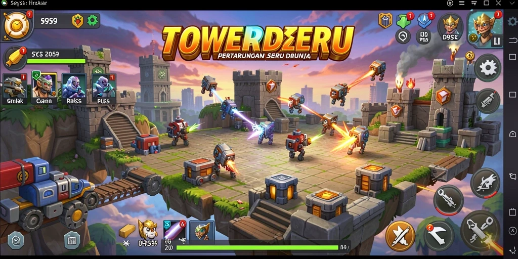 Tampilan gameplay seru di S9S9 dengan menara dan musuh.