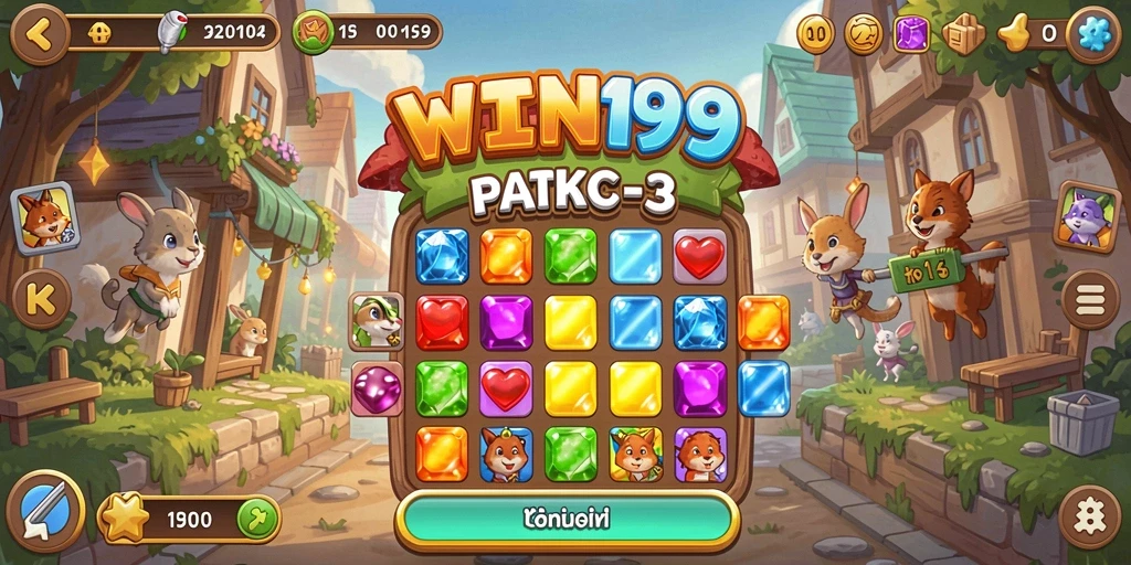 Screenshot gameplay WIN199 menampilkan kombinasi warna-warni dalam permainan Match-3.